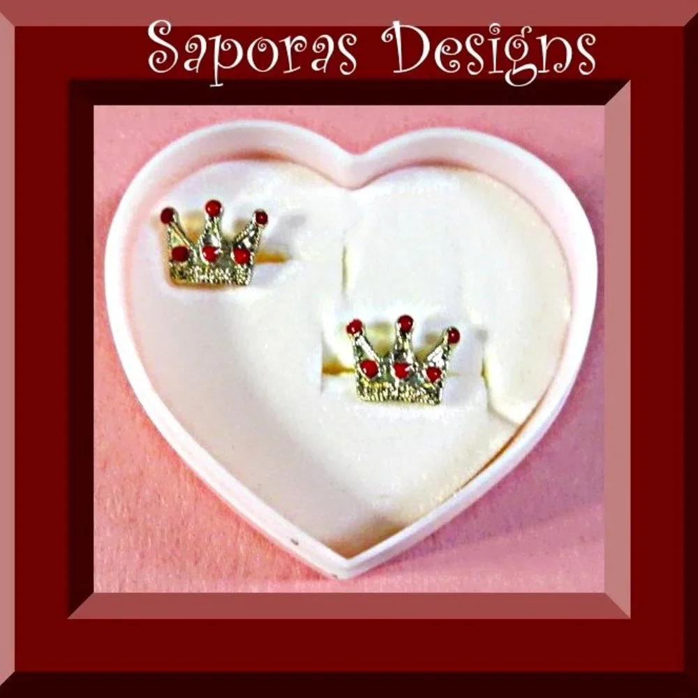 Gold Tone & Red In Color Crown Design Stud Earrings For Kids